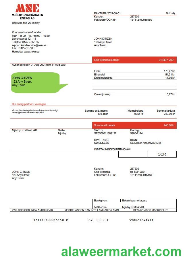Sweden Mjolby Kraftnat AB utility bill template in .doc and .pdf format
